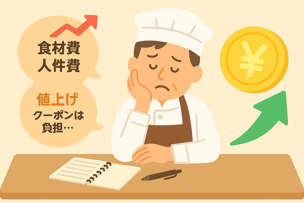 飲食店オーナーが悩んでいる様子のイメージイラスト